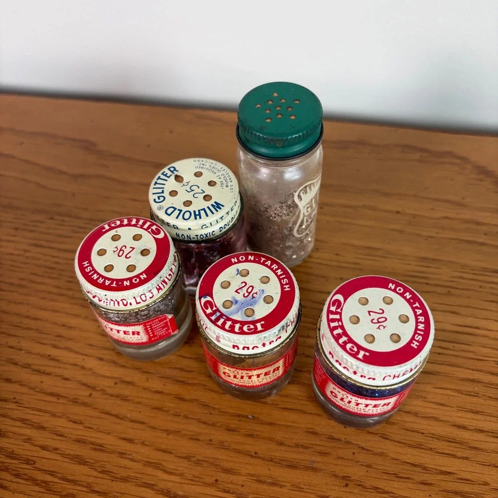 Vintage Glitter Lot Craft House Wilhold Pactra Glass Jars Silver Blue Pink Multi